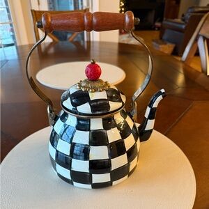 MacKenzie-Childs Black and White Checkered Teapot with Red Knob